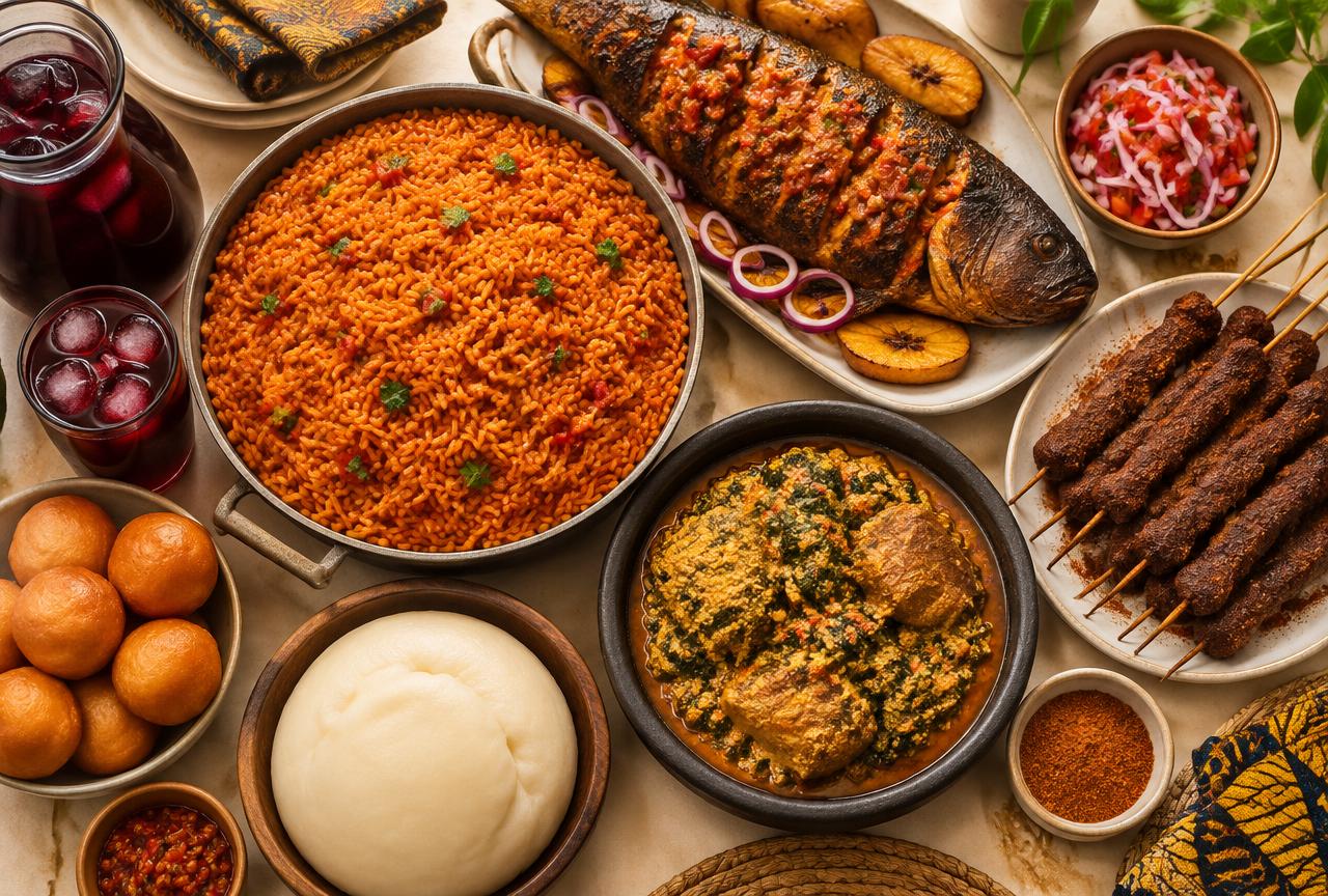 A spread of Nigerian dishes including jollof rice, grilled catfish and suya